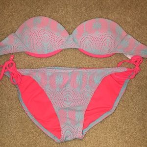 Neon pink and light blue strapless lace bikini